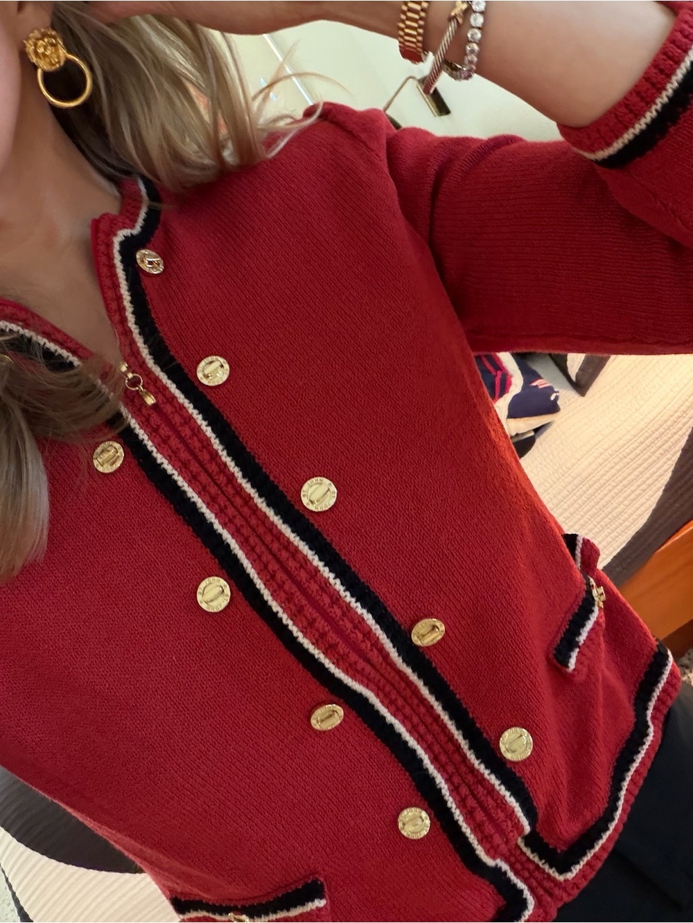 St John Collection red navy gold button hardware zip front knit sweater 2